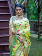 Botanical Weaving Golden Zari Worked Heavy Royal Banarasi Lime Green Saree